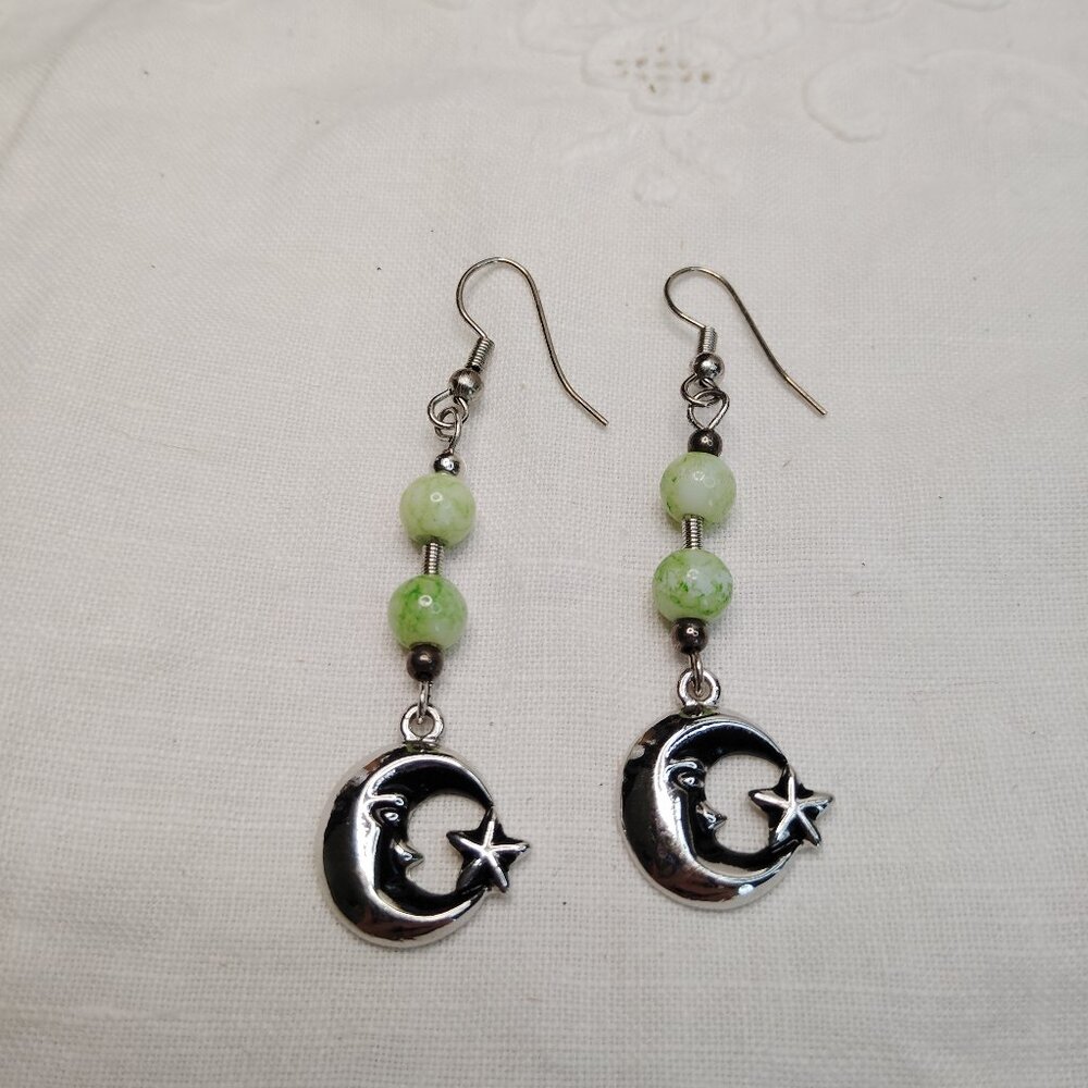 Celestial Moon & Star Dangle Earrings – Silver Tone with Green Glass Beads, 2.5"